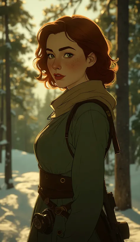 professional photo of russian red haired Princess Anastasia in peasant garb with woolen scarf, pale, freckles, glowing green eyes, perfect eyes, SabrinaLynn, upper body shot low lighting, moody, large depth of field, warhammer 40k, deep depth of field, hig...