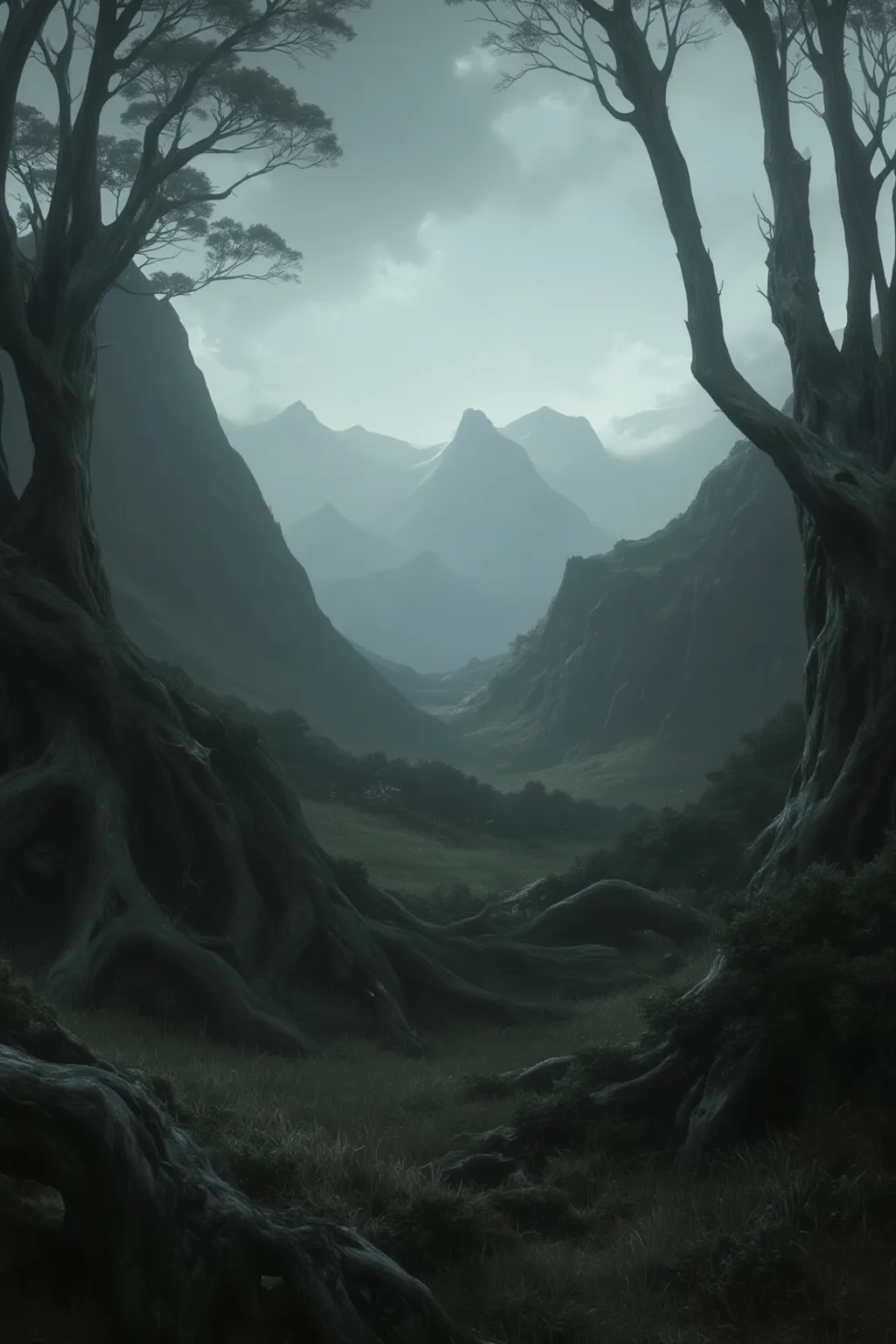  creating a desolate valley and mountain landscape,   covered with dense fog  ,  Little sunlight ,  Mud ， with twisted trees and thick trunks  ,  and bushes of suggestive pasture and grass ,  in a surreal landscape , Dead color, 4K, movie grade light,  Nat...