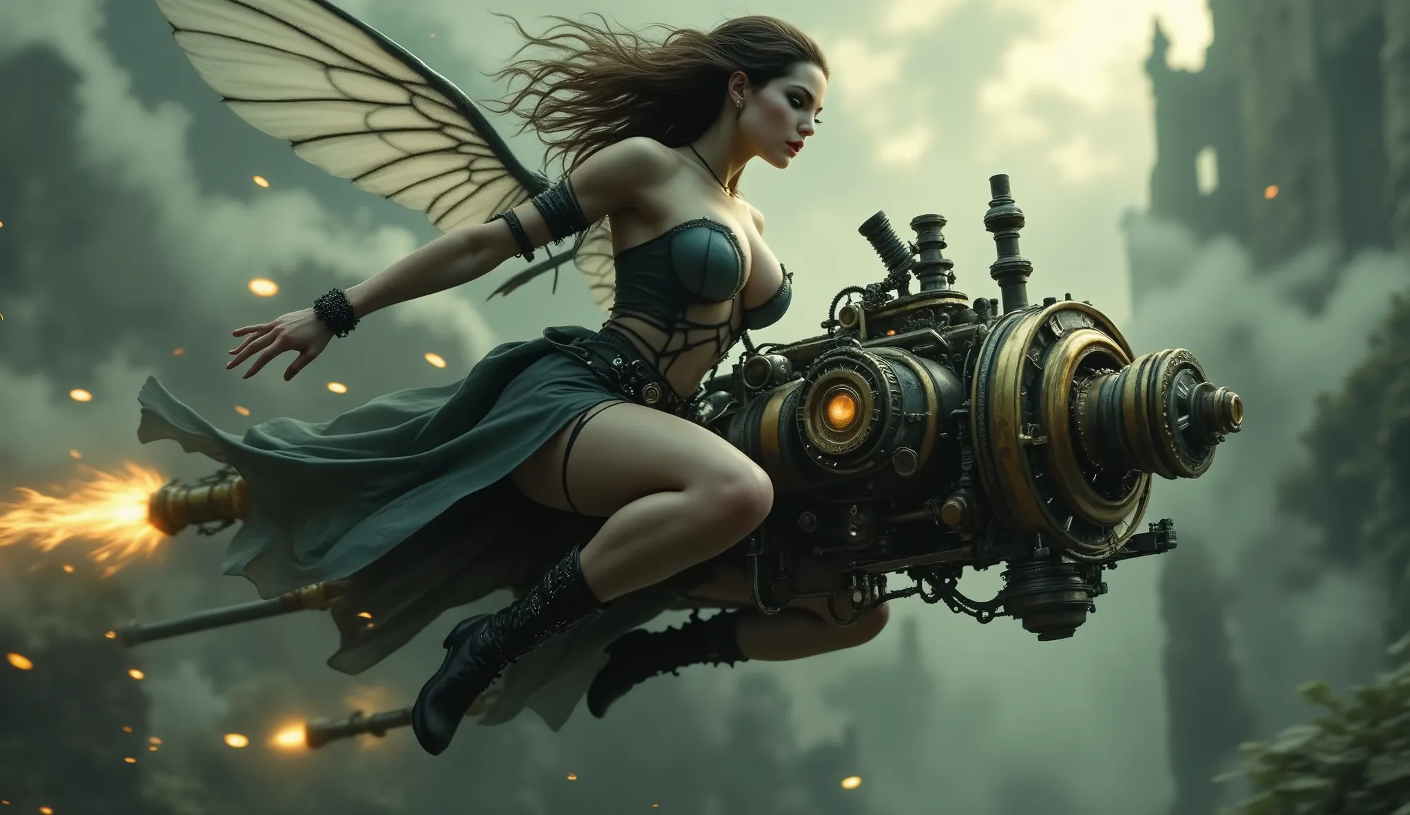 ultra-realistic image of a beautiful steampunk woman flying through the air on a mechanical (steam powered) contraption. fantasy background, cinematic lighting