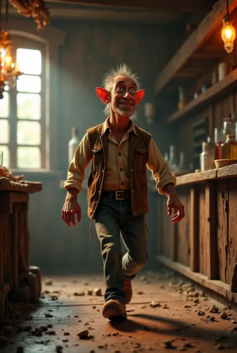 Une taverne  ,un vieux vagabond ivre , vêtements en lambeaux , déchiré,sale , drôle humour pixar corps entier 