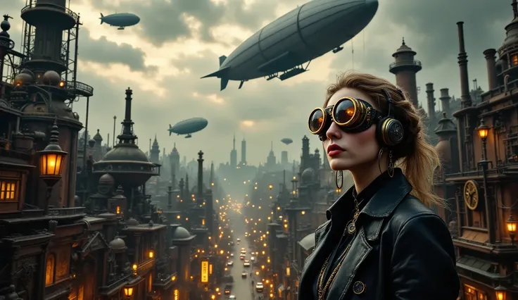 steampunk revolution, (industrial landscape), intricate gears and machinery, dramatic clouds, futuristic airships soaring above, copper and brass tones, vintage fashion with goggles, gritty but hopeful ambiance, bustling streets filled with inventors and a...