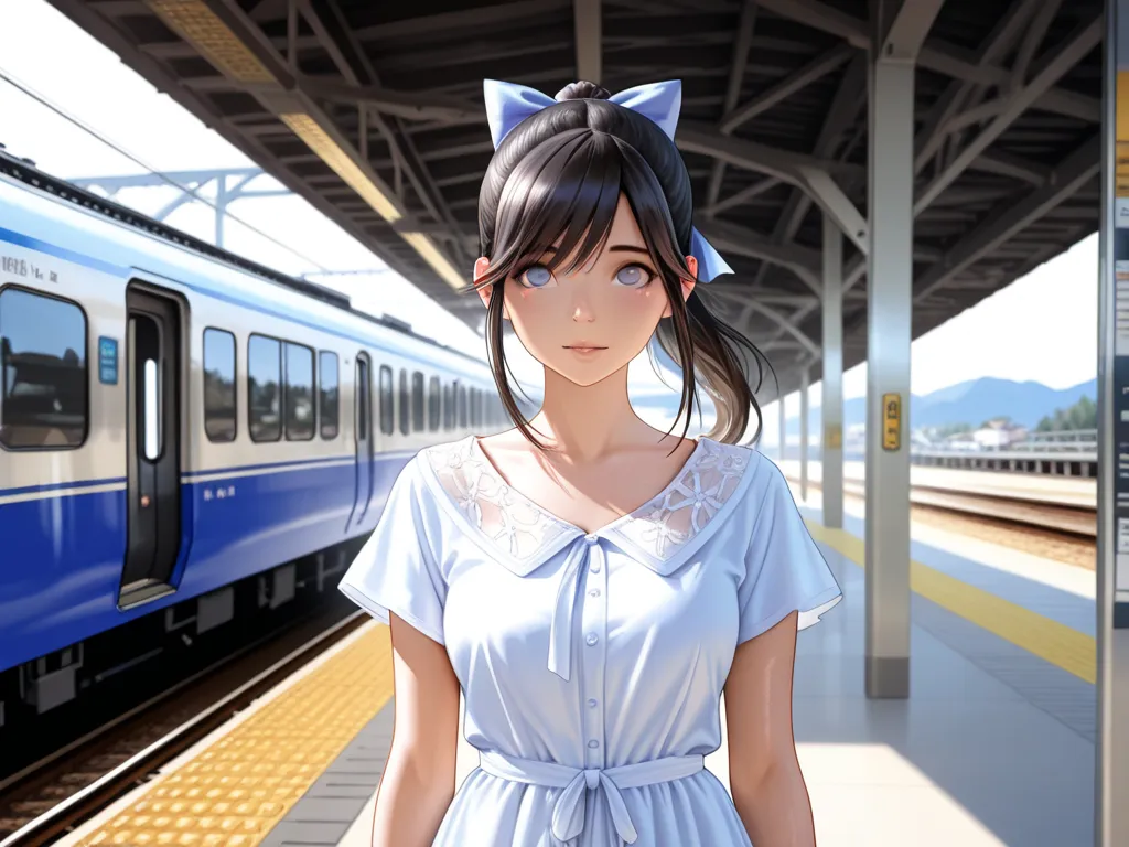 (fully clothed),medium full shot ,rating safe , sfw,,

1girl, takane manaka, love plus, black hair, longhair, ponytail, summer dress, short sleeves, long flowing white dress, solo focus, girl on the right side of the scene, upper body, , at the train stati...