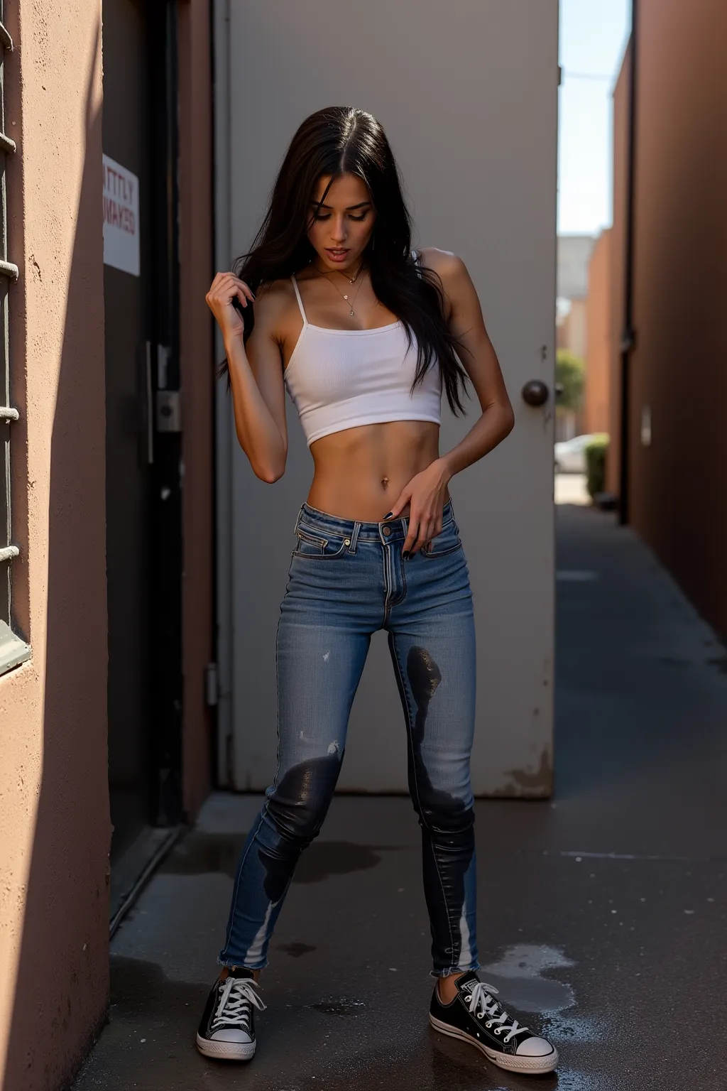 • A beautiful woman with light makeup and an embarrassed look is standing near a door in an alley during the day. She is wearing tight jeans, paired with black Converse and a tight white short tank top. She has long, shaggy black hair that is shaved on the...