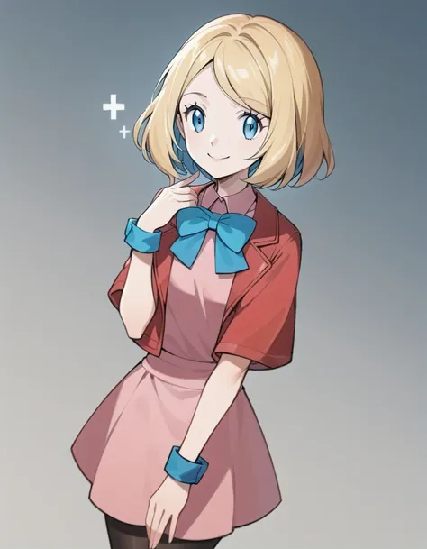  score_9,  score_8_up,  score_7_up,  source_anime, rating_safe,  spend a peaceful time \(Pokémon\), Alone,1 girl,  blue eyes,  eyelashes,  short hair, blond hair,  above Decorati has , neck bow,  blue ribbon, pink shirt, sleeveless, Bare wrist, red jacket,...