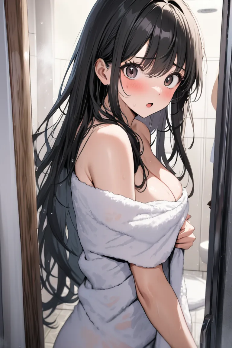 top quality, masterpiece, Hi-Res, 8k, (1 girl 1 boy  ), sexy, (bust shot), ( wrap a bath towel around her body), Washing black hair, semi-long hair,  dark eyes, (((watching viewers with a surprised and impatient expression))), female college student, openi...