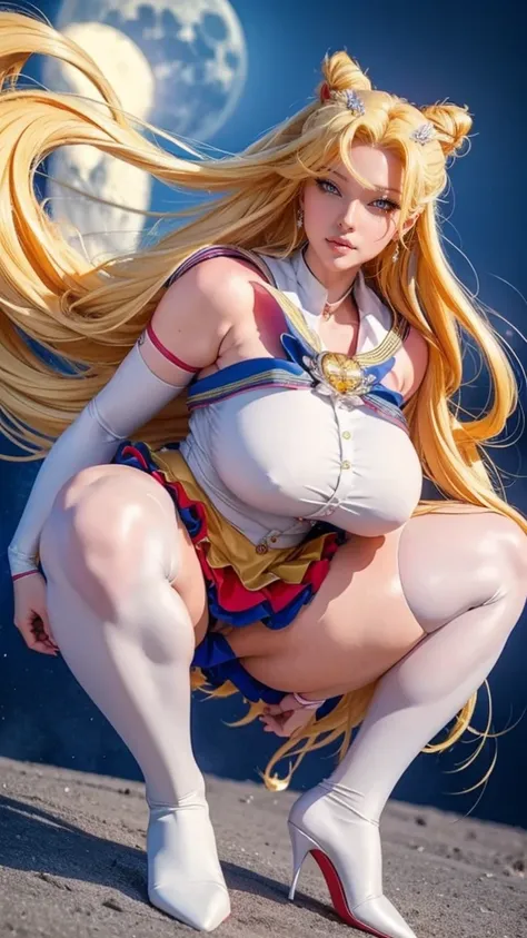 Sailor moon super s traje, 24 years old, realistic, 8K, ultra detailed , perfect face,, long blond hair , piercing blue eyes, front view, perreo, full body image, blue miniskirt, Red boots, , , voluptuous body,  on the Moon, (This is some text to translate...