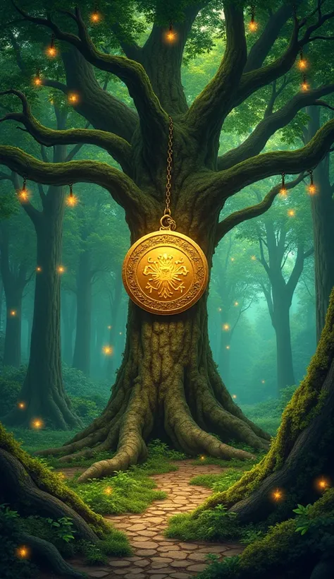 The map is made in fantasy style 

The centerpiece is a magical green forest , ancient magical green trees  ,  there is an old magic oak. A large gold medal with a pentogram on it hangs on the chain in the center of the tree . fireflies fly .

background: ...