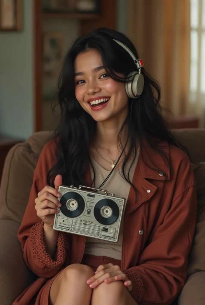 Create a fair-skinned young woman from the 2000s, Listening to music holding a tape player ,She is in the living room with furniture from the 2000s. She wears period clothes and exudes a lot of joy. She has long black hair and brown eyes.