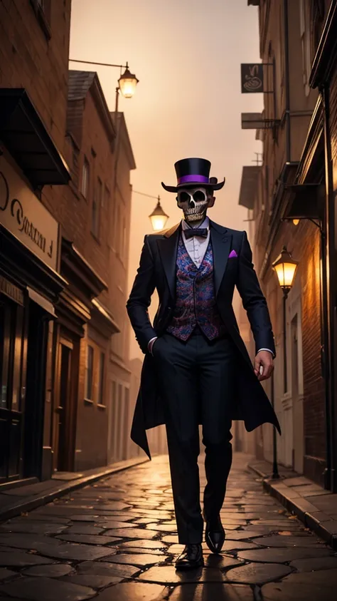 A figure standing on a misty cobblestone street at night. The figure is adorned in a vibrant, paisley-patterned suit with a deep red vest and a purple top hat decorated with flowers. The most striking feature is the skull face of the figure, which contrast...