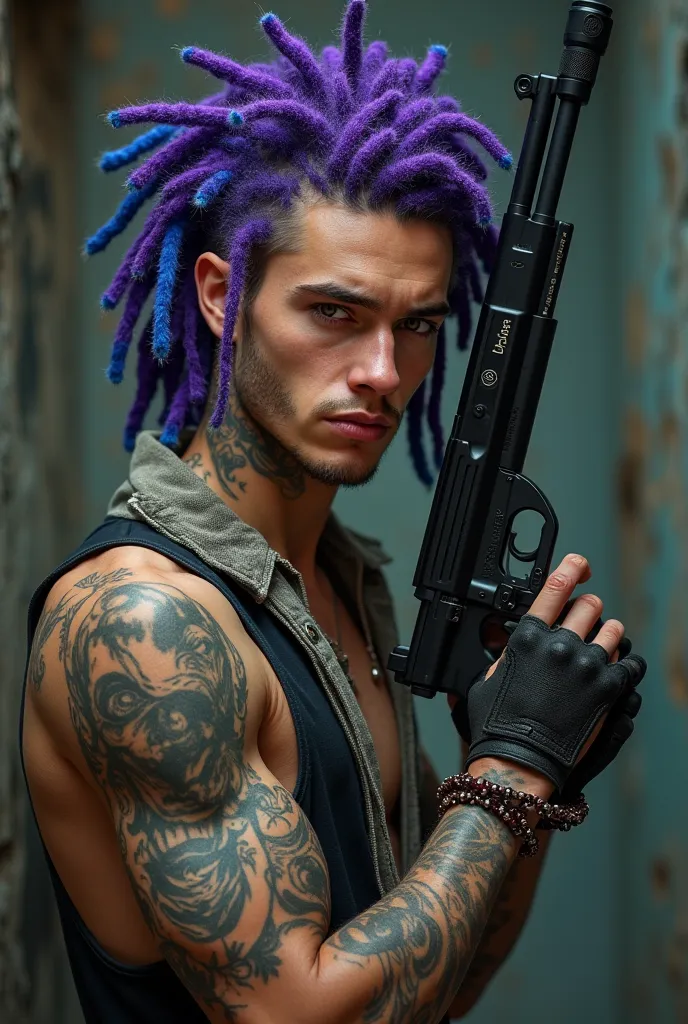 Generate image of a man in purple dreads with blue tips
 with white skin and 22-year-old tattoos wearing clothes from France holding an AK-47