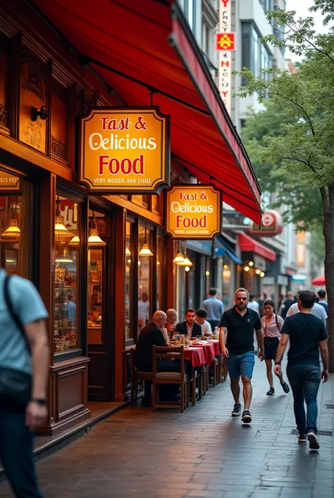 Picture taken from the outside of a restaurant in Türkiye, the sign says "Fast & Delicious Food"