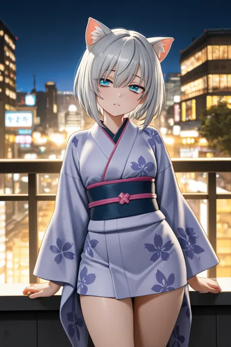 1 girl、White cat ears、Gray Hair、Fleeting、TOKYO、Buildings、 thighs、 kimono、full body、night、 neon sign 、profile、Overlook、moles under eyes