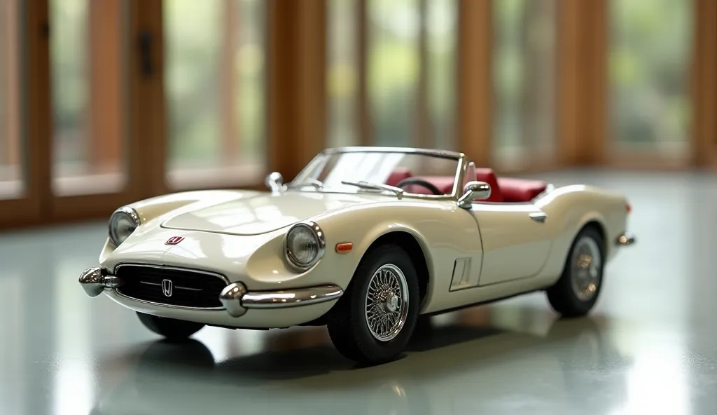 A highly detailed, realistic miniature model of a vintage Honda sports car. The car has a glossy off-white paint with chrome accents, round headlights with chrome rims, and a black front grille featuring the red Honda emblem. The miniature wheels are black...