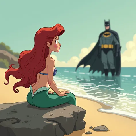 Ariel la petit sirène assise sur un rocher sur la plage regardant au loin Batman. Elle l’attend désespérément . Elle rêve du grand amour avec lui. En dessin animé 