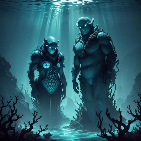 "A dark and mysterious underwater world, resembling a mystical forest teeming with marine life. The scene is dominated by deep, shadowy coral reefs with bioluminescent plants casting an eerie glow. A massive octopus with glowing eyes and outstretched tenta...