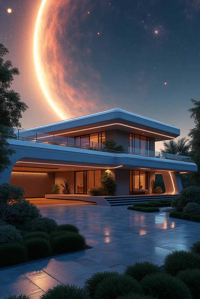 Solar system house that is modern and has a garage next to the street 
