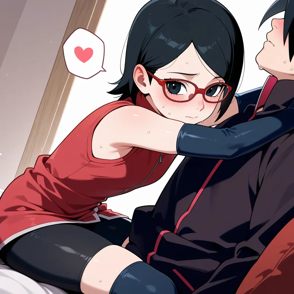 uchiha sarada,boruto,sleeveless,elbow gloves,,blush,sweating,spoken heart,bike shorts