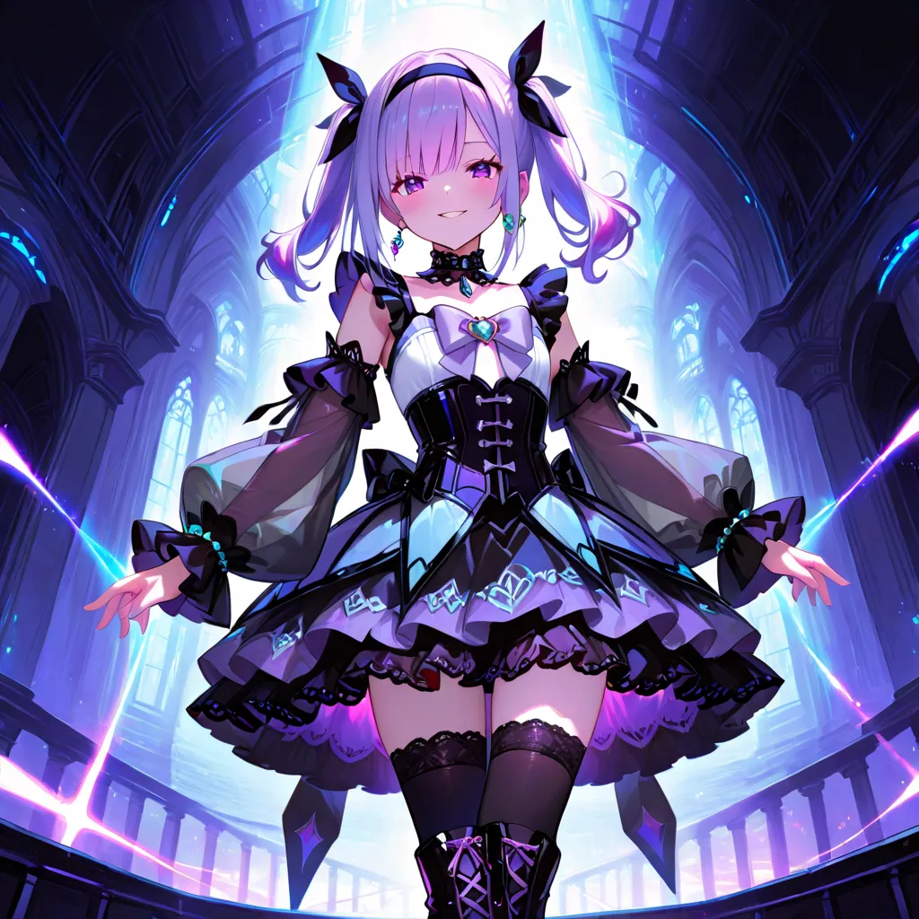 1 girl, solo, magical girl, purple hair, medium hair, long half twintails, purple eyes, hair black ribbon, black hairband, light blue hart earrings, chic black choker with lace detailing, black sleeveless innerwear, black false collar with dark purple fril...