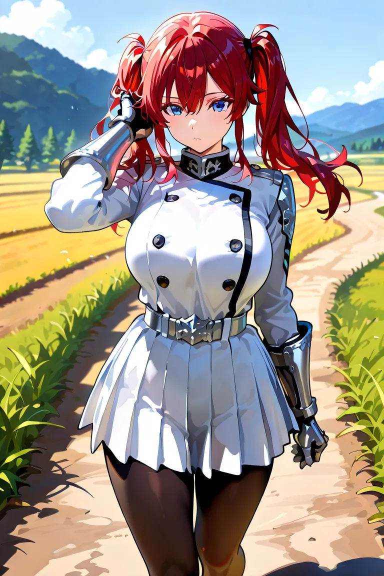 MASTERPIECE, BEST QUALITY, ULTRA DETAILED, HIGH DEFINITION, ILLUSTRATION, HYPER DETAILED, ALONE, 1girl, slim, medium-large breasts, blue eyes, red hair, twintails, long hair, white pleated dress, with black buttons, long sleeves, black tights, silver gaunt...