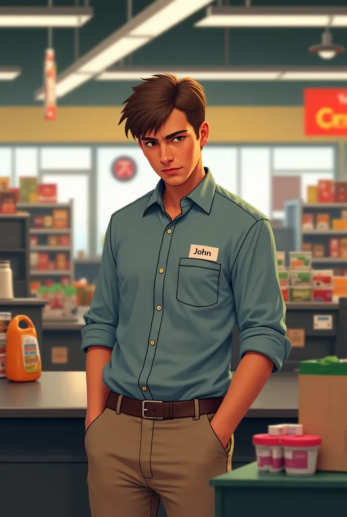 A 28 years old ,shy and a little bit timid man working as a cashier at a neighborhood grocery store 