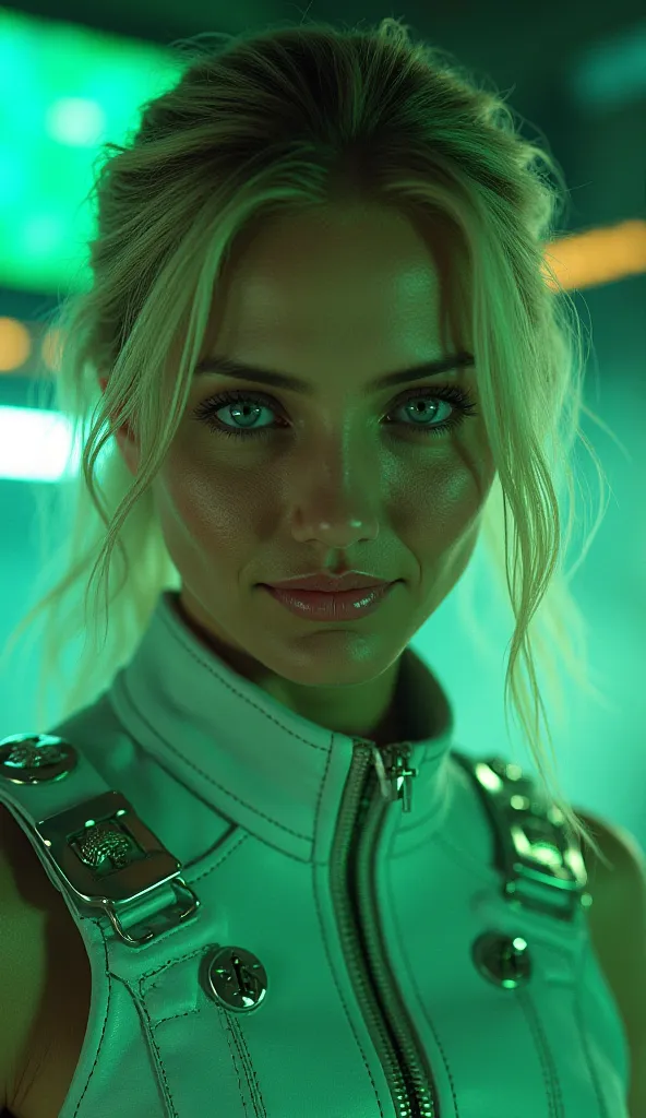  Here is a detailed prompt to generate an image  ** super realistic** by Cameron Diaz as **cassie cage**, focused **only on the face**, in the white and green clothing of the *mortal kombat 11*  and shiny details :  

---  
**"Close-up hiper-realista do ro...