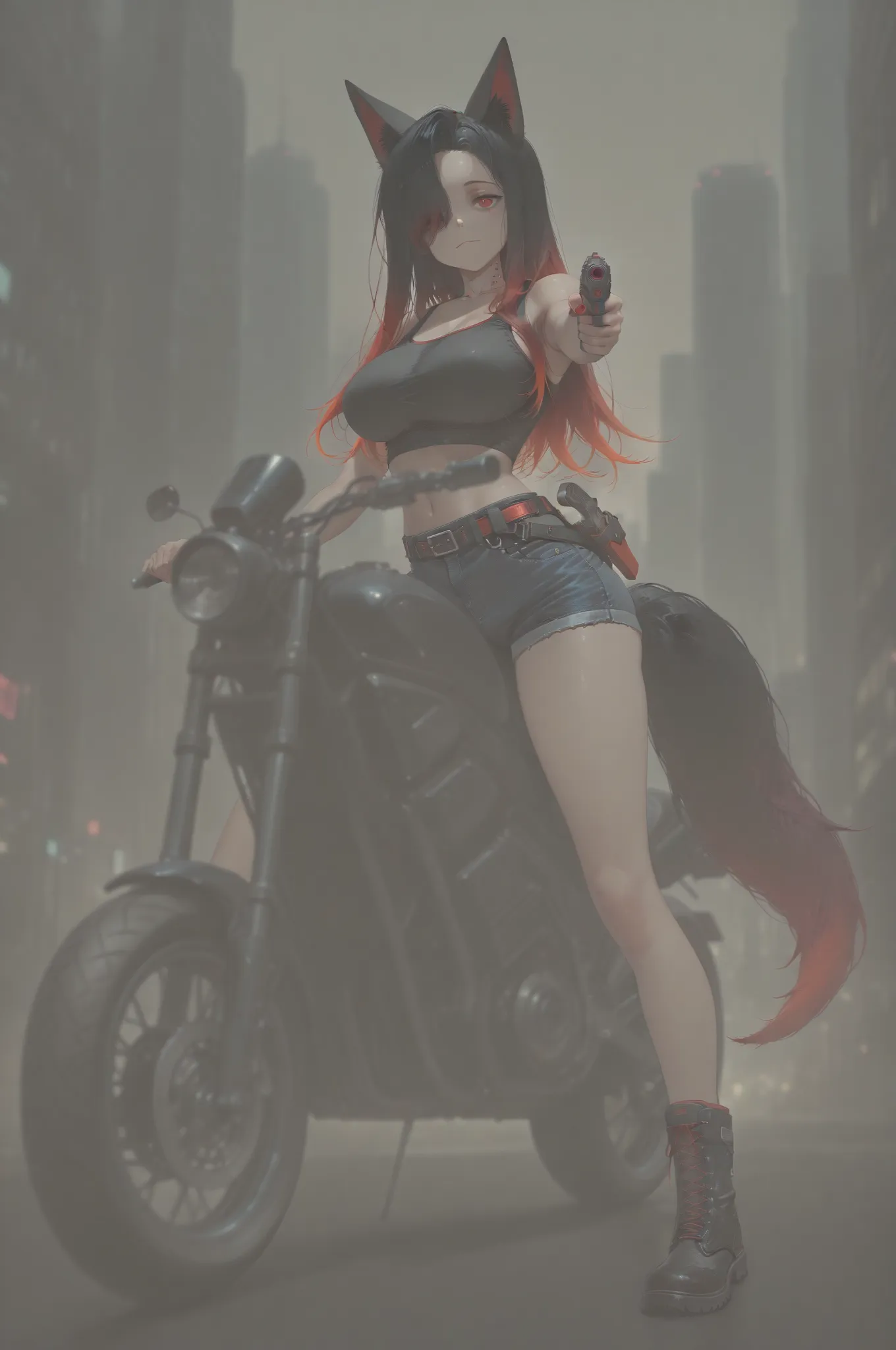 masterpiece, best quality, amazing quality, absurdres, 1female, fox girl, Kuroki Monika, black and red fox ears, black fox tail with red tip, red eyes, gradient hair, black and red hair, long hair, asymmetrical hairline, hair over right eye, large breasts,...