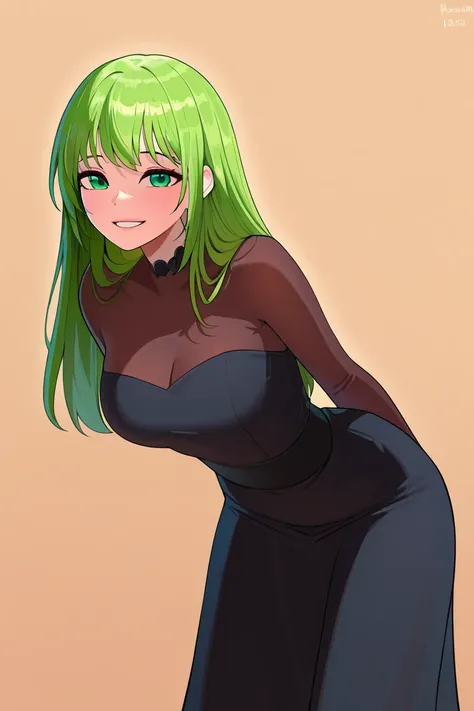 Masterpiece, t-shirt, 1 girl, Alone ,  beautiful eyes, zzTatsumaki,  green eyes , green hair, black dress,  smile, presumed, cowboy shot, leaning forward,  smile, Looking at the spectator, shiny skin,