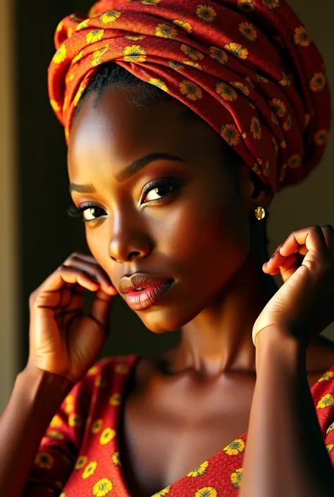 

"A stunning portrait of a young African woman adjusting her beautiful satin head scarf. Her head is slightly tilted downward as she delicately fixes the fabric with both hands. Her rich brown skin glows under golden dramatic lighting highlighting her hig...