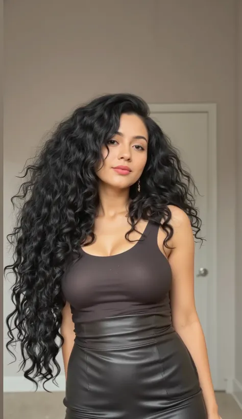 Beautiful bhabi, wearing black leather one piece dress, long black curly hair, curvy figure, seductive smile, beautiful, curvy and bubble