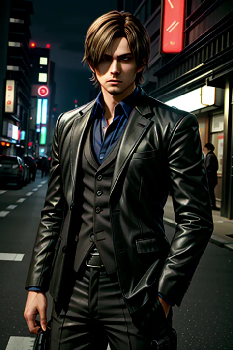 ((ultra detailed, masterpiece, absurdres))
 RE6Leon, 1boy, brown hair, looking at viewer, posing in a tailored suit, street, neon lights, japan