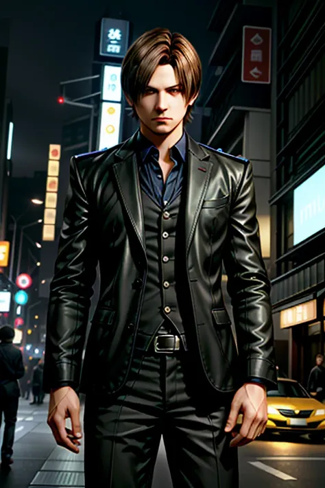 ((ultra detailed, masterpiece, absurdres))
 RE6Leon, 1boy, brown hair, looking at viewer, posing in a tailored suit, street, neon lights, japan