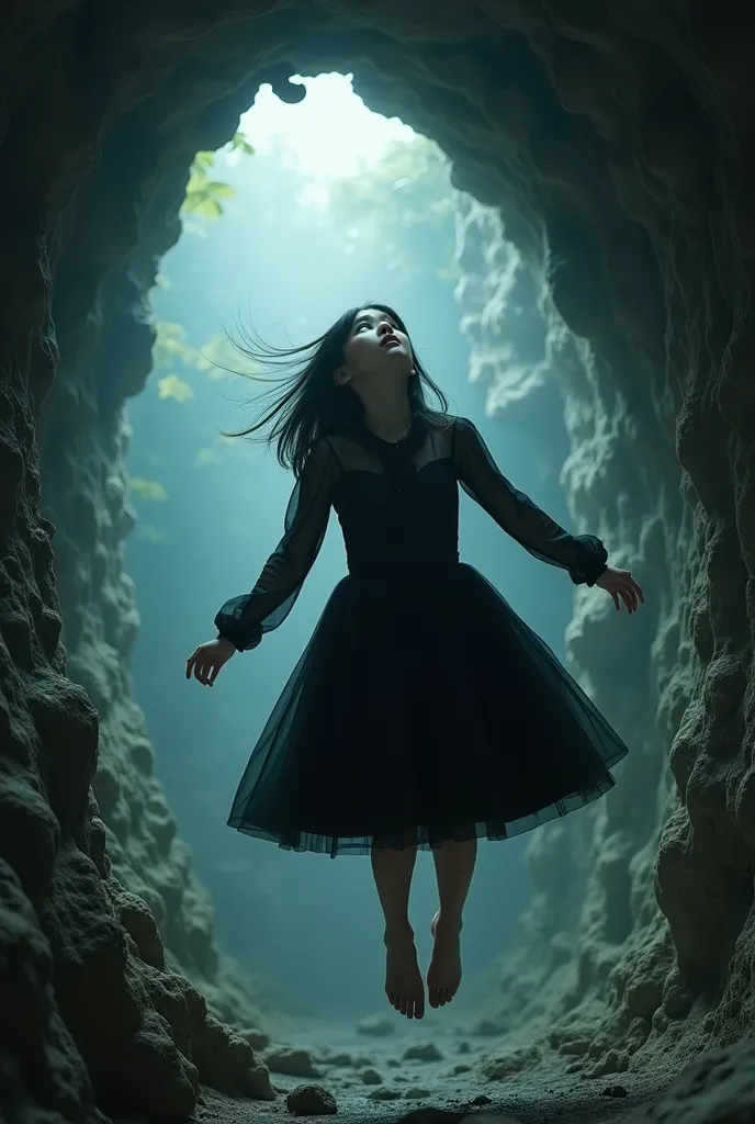 An image where a Korean girl in black is seen falling through a void with things similar to Alecia in Wonderland and who is a ager And she is a little bit confused and surprised and desperate because she is falling