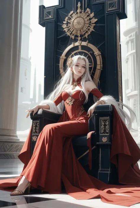  high definition images 、 A girl with long white hair  ( hair reaching the floor ) and long red dress with gold details) sitting on a throne and looking forward (red eyes), (palace, sci-fi) , masterpiece, best quality, Ultra HD,    perfect eyes  ,  perfect...