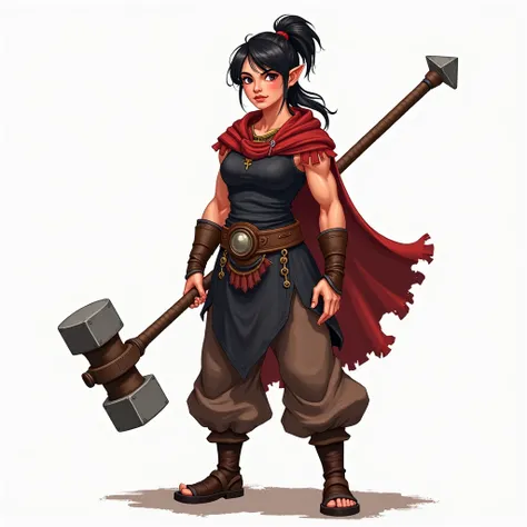 Create a female character showing her full body, From a half-halfling role-playing game featuring the Barbarian class, she is a very strong character who measures 1 meter, Your skin is clean , Half red and her ears are pointed, dark hair tied up, dark clot...