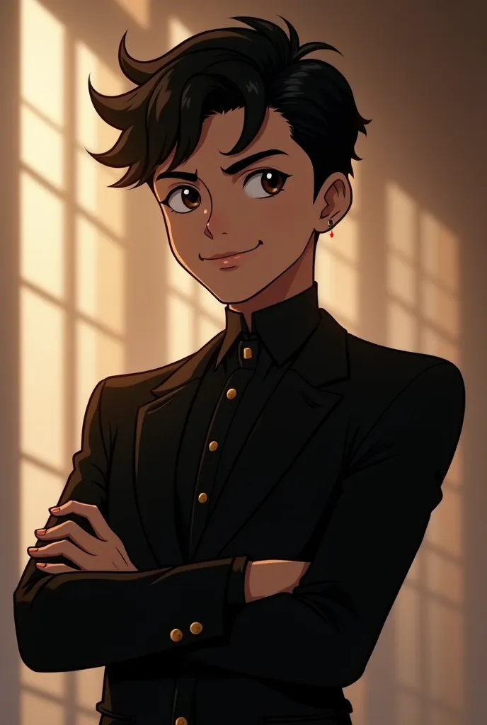 generate me picture of young  boy he looks simular to damian wayne black hair brown eyes and is dressed in elegant black asssain chlothes use animation style of justice league animated movies mixed up whit animation from anime