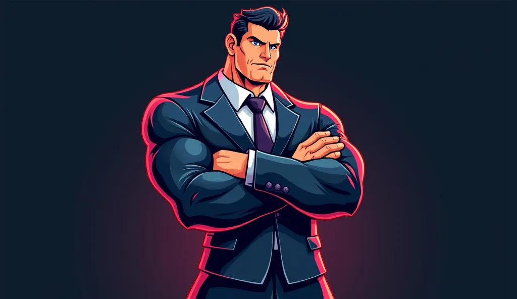 Strong man in a cross-arm suit,  cartoon style,  black background