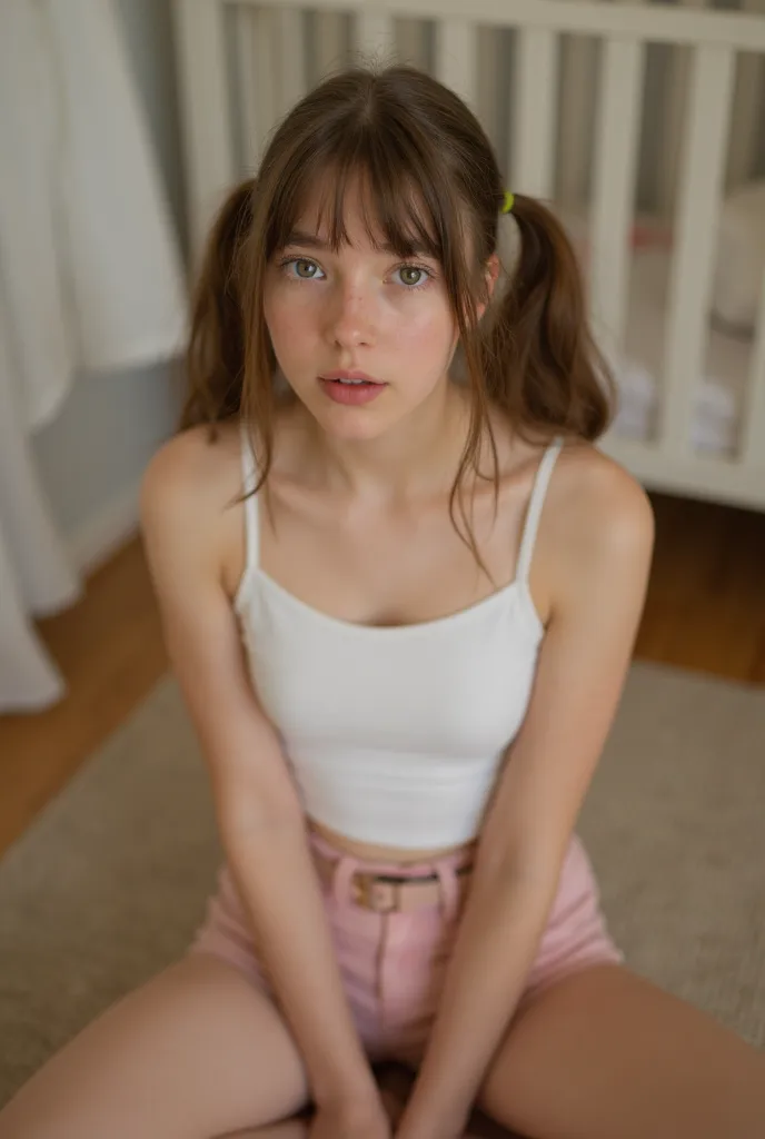 Captivating view of a beautiful 15-year-old girl in a nursery on the floor with her legs open

The beautiful girl has pale skin with freckles,  a pale body ,  and small, cheerful breasts .

brown hair, Two pigtails

Wearing a pink belt, short shorts, a sho...