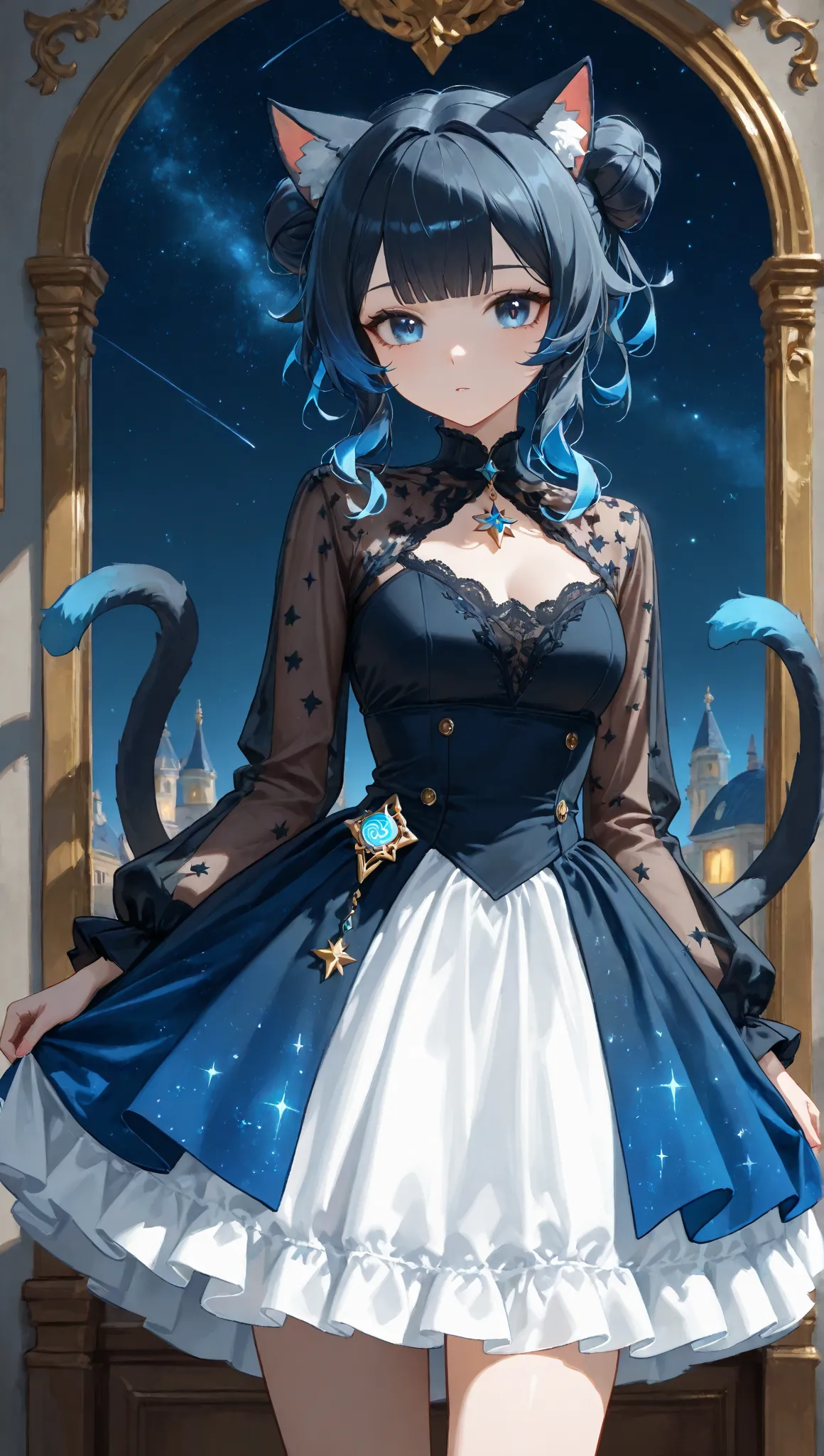 Genshin,Genshin Impact,Genshin Impact costume,Fontaine,Fontaine costume,
A girl, high resolution, blue hair/Shopping Hair , gradient black hair, hair bun, two-pronged hair,  cat ears, vertical pupil/cat eyes, eyes with raised corners,  blue eyes, ,BLACK FR...