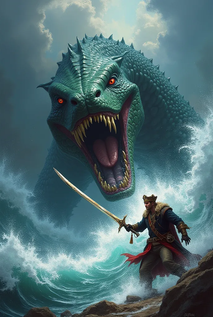 Giant sea beast being killed by the pirate king with his sword