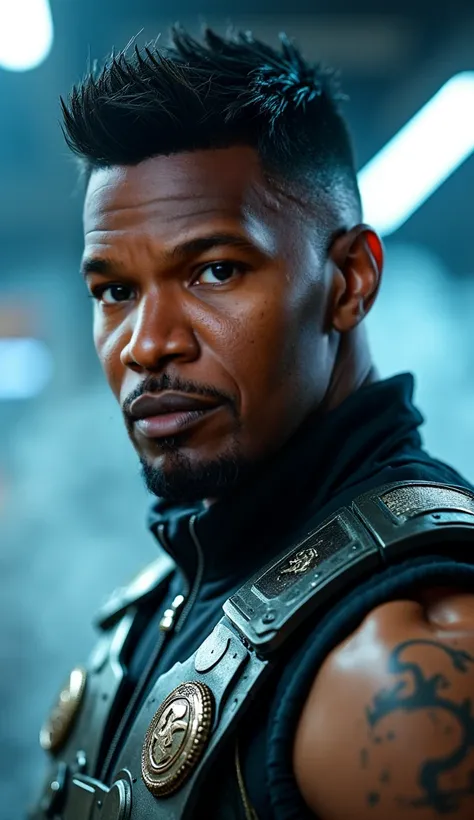  Here is a detailed prompt to generate an image  ** super realistic** by Jamie Foxx as **Jax**, focused **only on the face**, with the clothes of the *mortal kombat 11*  and shiny details :  

---  
**"Close-up hiper-realista do rosto by Jamie Foxx as Jax,...