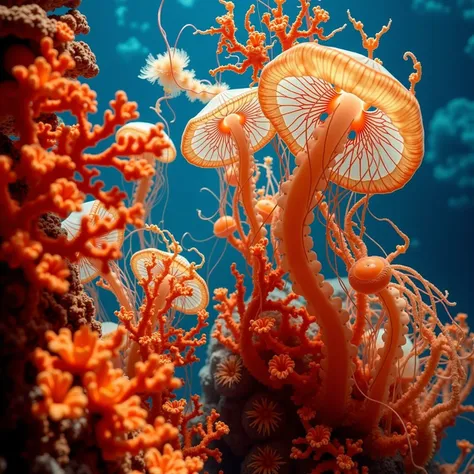 there are many orange jellyfishs and jellyfishs in the water, a microscopic photo by Matthias Weischer, pexels, fantastic realism, harmony of neon glowing coral, vibrant corals, coral underwater colorful, covered in coral, coral reef, underwater mushroom f...