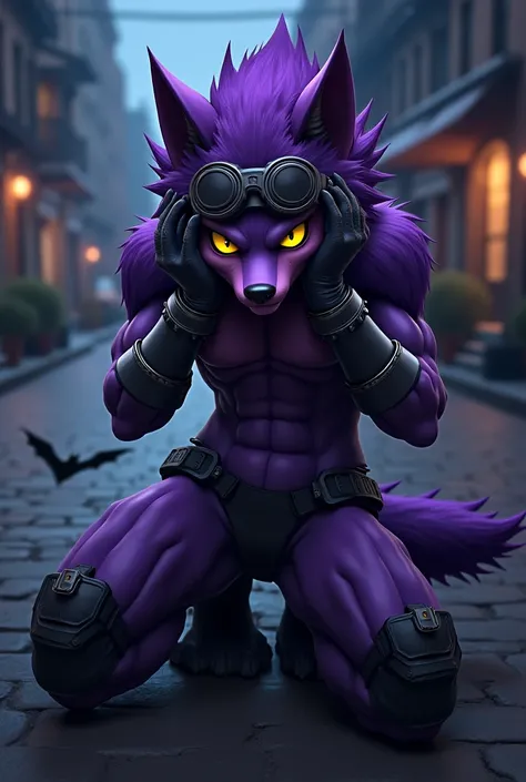 no lighting deep shadow, masterpiece, high quality, hi res, solo, **** Furry, furry, ****ager, purple wolf, spiked purple hair only on head, yellow eyes, goggles, elbow pads, knee pads, masterpiece, No muscles, Detailed hands, detailed face, detailed eyes,...