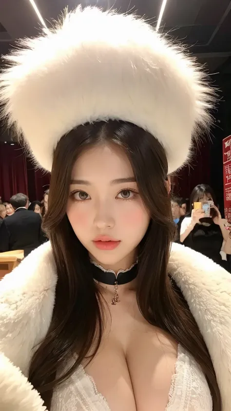 A girl with a perfect figure, very beautiful face and eyes, long hair ,, big breasts, big breasts, very big breasts, Baogou, fair-skinned girl, beautiful thick fur coat luxurious and graceful, beautiful skin