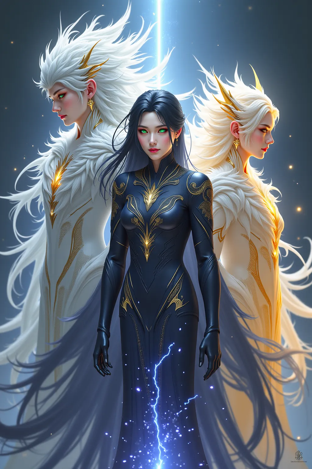 Here is a detailed description of the three gods so that the cover has a well-crafted visual representation:

Enix (God of Chaos )
	• Appearance: Majestic and enigmatic, with an imposing presence that radiates power and mystery.
	 • Hair : long, smooth and...