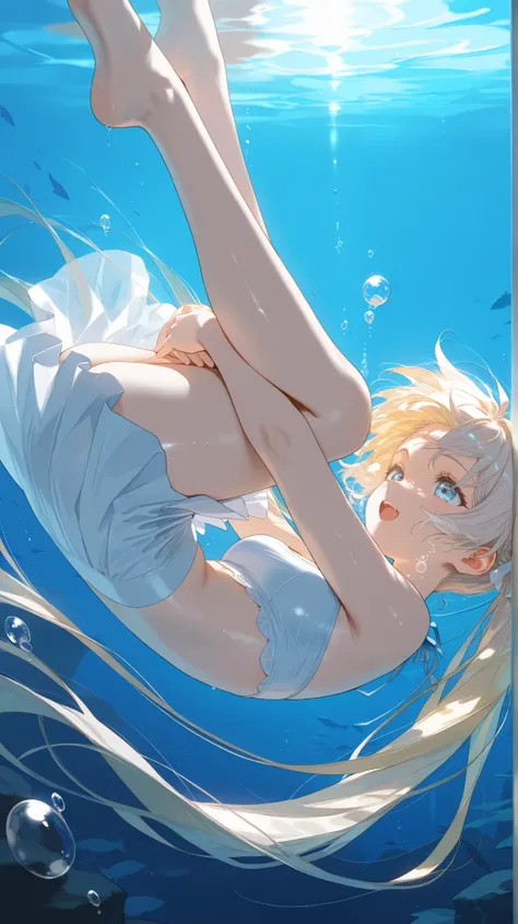 man. open mouth:0.9\Fluttering Hair:1.3, High Diving,  Aerial:1.4, Upside down, masterpiece:1.3, bubbles:1.4, beautiful bubbles:1.4, beautiful bubbles:1.4, Beautiful expression of water, Beautiful underwater light, best quality, hyper-detailed. White hair....