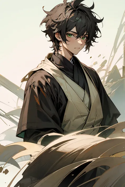 1male, Male, Black Messy Hair, Green Eyes, Perfect Generation, Masterpiece Quality, Monk Clothing