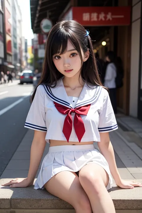 realistic、 Genuineity、 Genuine 、Genuineistic、table top、 Excellent image quality、Cinema Lighting、 High school girl uniform、red check skirt、、red ribbon on the chest of the city you are traveling in、   young woman、Japan、idol、 slender body 、    black hair、    ...