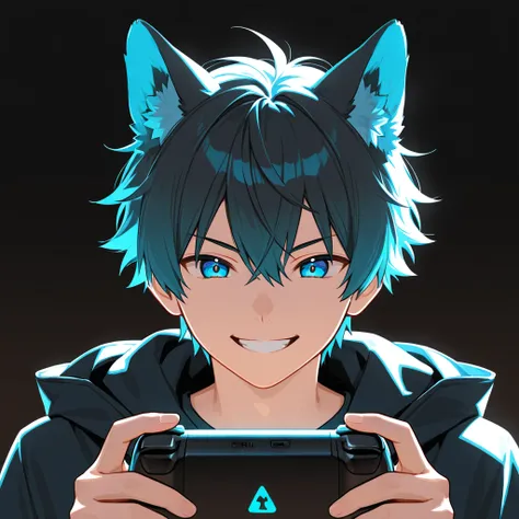 1 boy,solo,looks at one woman, Hi-Res, smiles, simple background, animal ears, It has wolf ears、 playing a game、 black hair