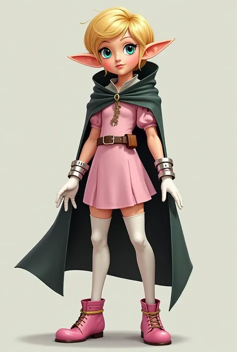 Elf Boy, with blond hair, left eye blue, right green, in a light pink short dress, long white stockings above the knee, elbow-length white gloves, covering the palm, pink high-heeled shoes with ankle closure, a sheath on a belt, in a dark cloak