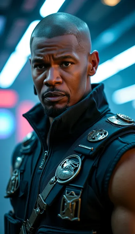  Here is a detailed prompt to generate an image  ** super realistic** by Jamie Foxx as **Jax**, focused **only on the face**, with the clothes of the *mortal kombat 11*  and shiny details : --- **"Close-up hiper-realista do rosto by Jamie Foxx as Jax, the ...